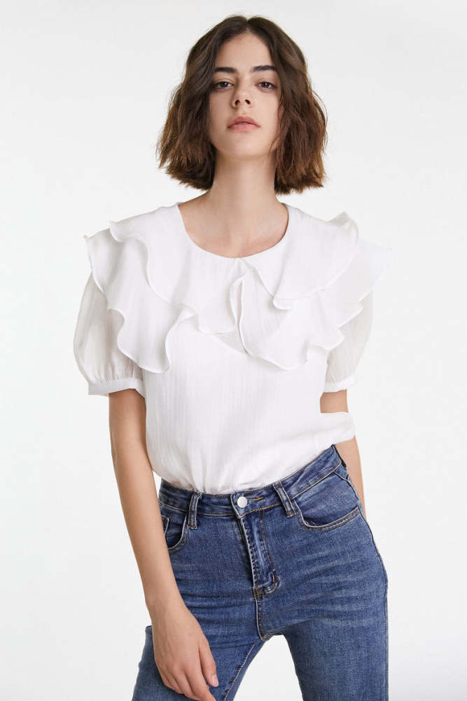 Flash Sale                White Flounce-Collared Short Sleeve Blouse