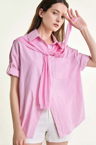 Pink Striped Roll-Tab Sleeve Shirt With Square Scarf Shawl