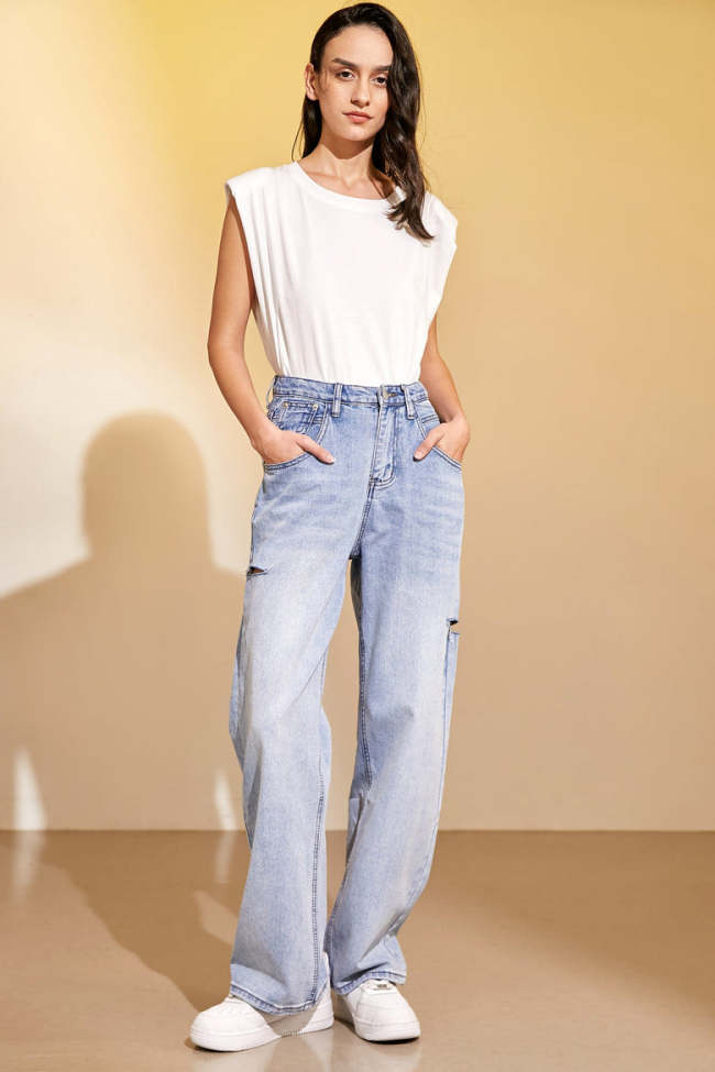 Slate Grey Ripped Wide-Leg Jeans