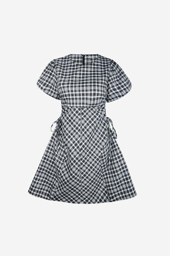 Black Checked Cut Out Waist Tie Detail Mini Dress