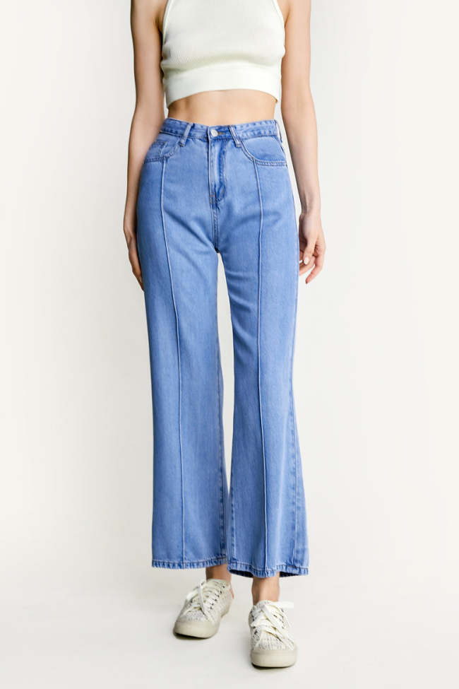 Royal Blue Wide Leg Seam Detail Soft Jeans