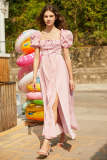 Pink Floral Print Square Neck Tie Detail Slit Hem Maxi Dress