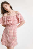 Pink Gingham Off-the-Shoulder Ruffled Mini Dress