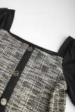 Flash Sale                Black Tweed Square Neck Button Detail Puff Sleeve Blouse