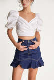 White Puff Sleeve Ruched Crop Top