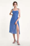 Steel Blue Polka Dot Tie Strap Slit Hem Midi Dress