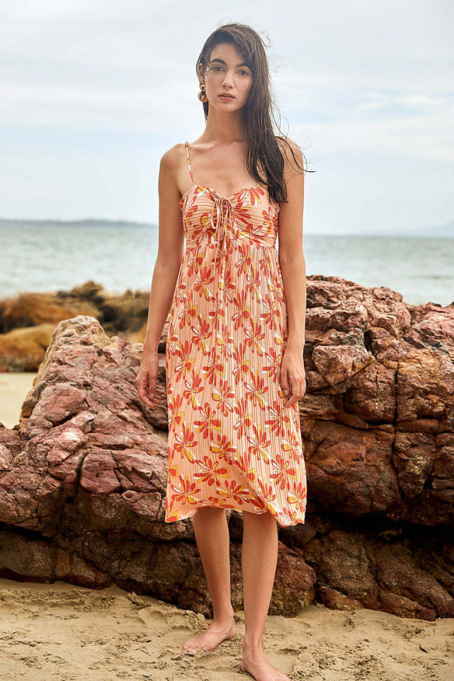 Dark Salmon Plisse Floral Print Spaghetti Strap Drawstring Bodice Midi Dress