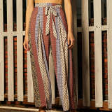 Multicolor Boho Print Wide Leg Tie Detail Slit Hem Pants