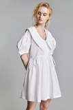 White Scallop-Edge Tie Side Puff Sleeve Collared Mini Dress