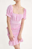 Pink Smocked Ruffled Lace-Up Bodycon Mini Dress