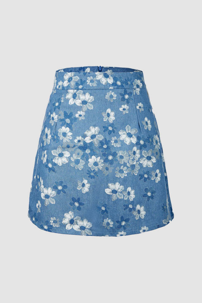 Medium Blue Wash Floral Print High Rise Mini Denim Skirt