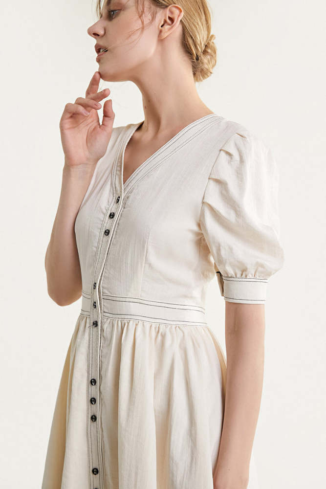 Ivory Contrast Stitch Lantern Sleeve V-Neck Midi Dress