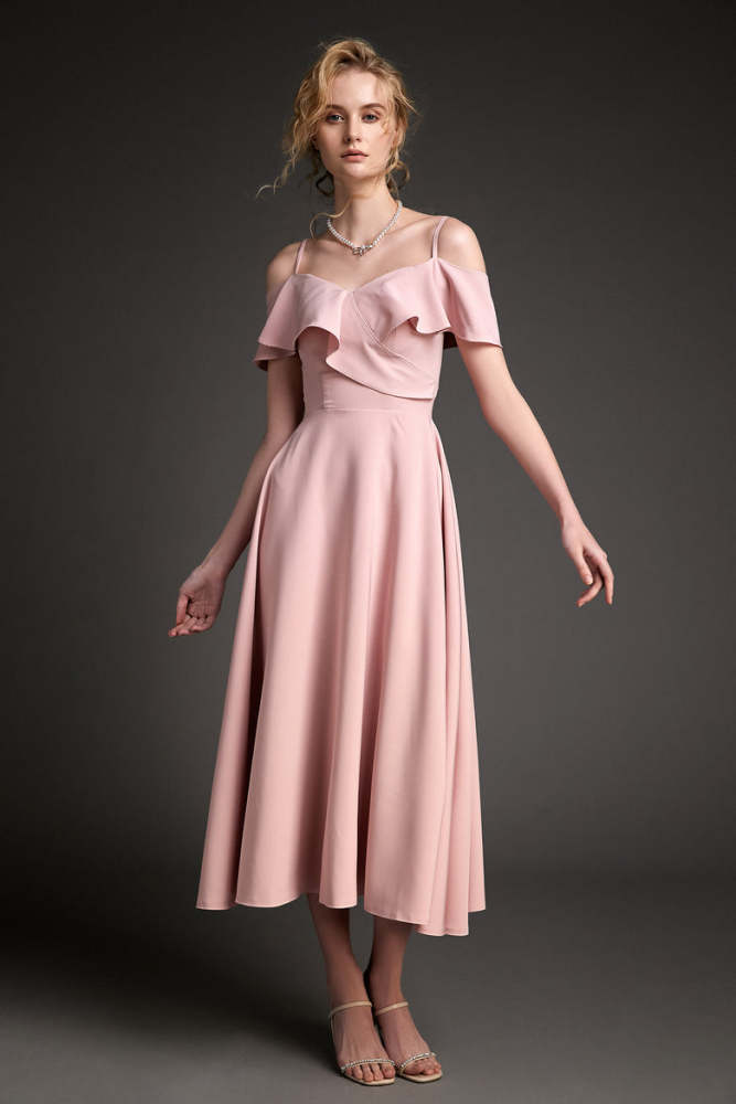 Pink Satin Flounce-Trimmed Off-the-Shoulder Maxi Dress