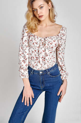 Ivory Floral Print Tie-Detail Blouse