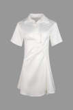 White Ruched Short Sleeve Shirt Dress