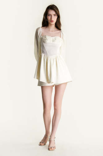 Ivory Balloon Sleeve Tie Cuff Ruched Detail Mini Dress