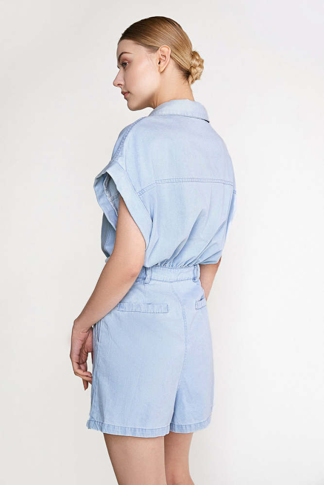 Light Blue Snap Button Placket Elastic Waist Denim Romper