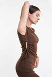 Flash Sale                Saddle Brown Sleeveless Ruched Side Cut Out Slit Hem Midi Dress