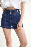 Dark Blue High-Waisted Buttoned Tab Detail Denim Shorts