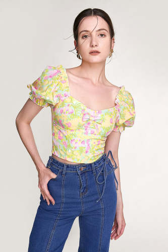 Multicolor Floral Print Puff Sleeve Bow Detail Cropped Blouse