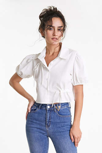 White Tie Detail Puff Sleeve Cropped Cotton Shirt