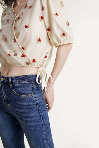 Old Lace Floral Embroidery Wrap Side Tie Blouse