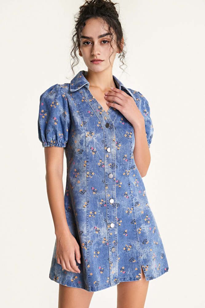 Royal Blue Floral Print Button Front Collared Denim Mini Dress