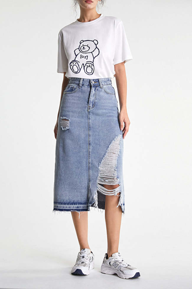 Medium Blue Wash Ripped Midi Denim Skirt