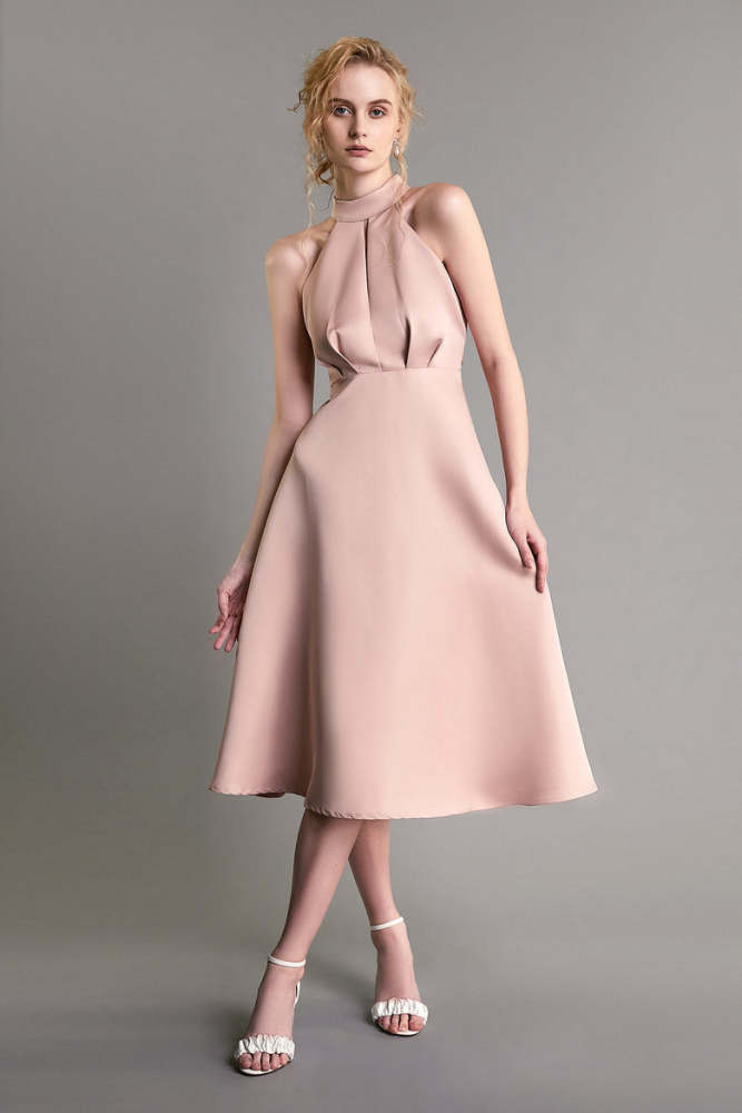 Pink Halterneck Tie Waist Keyhole Midi Dress