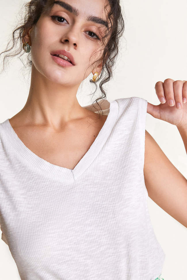 White V-Neck Rib-Knit Tank Top