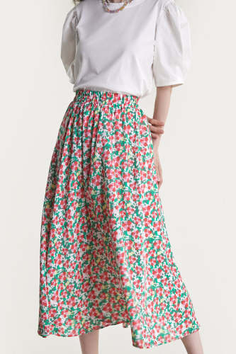 Multicolor Floral Print Elastic Waist Crinkled Midi Skirt