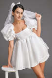 White Organza Puff Sleeve Mini Dress