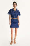 Dark Blue Belted Rolled-Sleeve Denim Mini Dress
