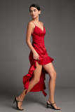Crimson Satin Ruffled High-Low Maxi Dress