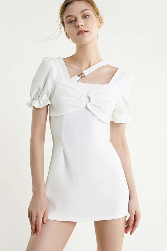 White Asymmetric Eyelet Overlay Bodycon Mini Dress