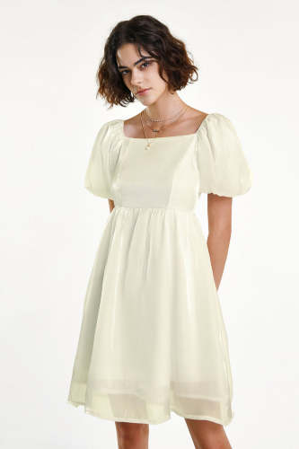 White Puff Sleeve Square Neck Chiffon Mini Dress