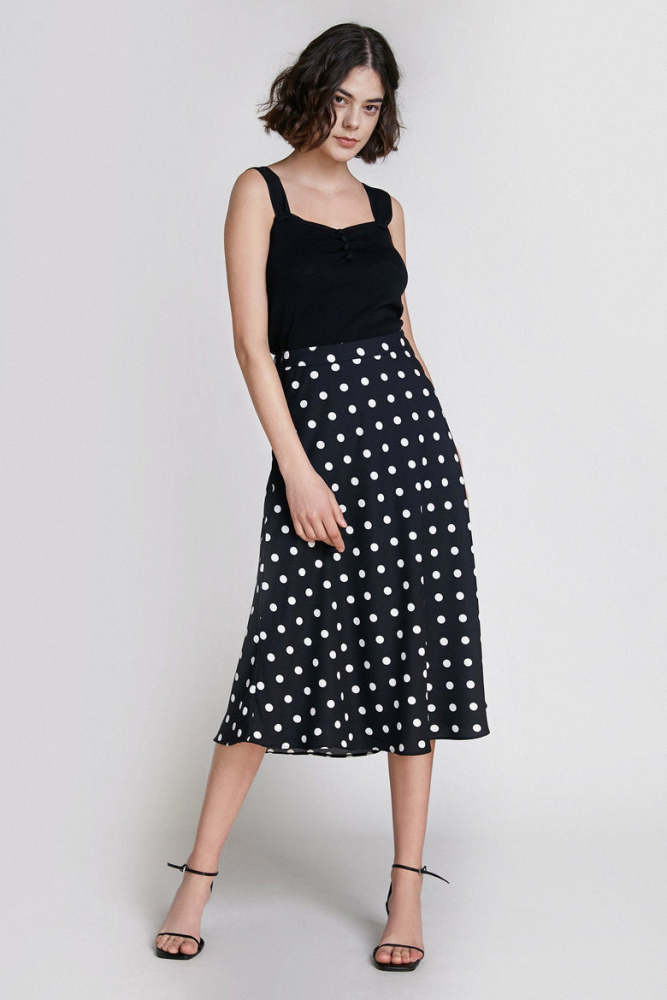 Black Polka Dot High Waist Midi Skirt