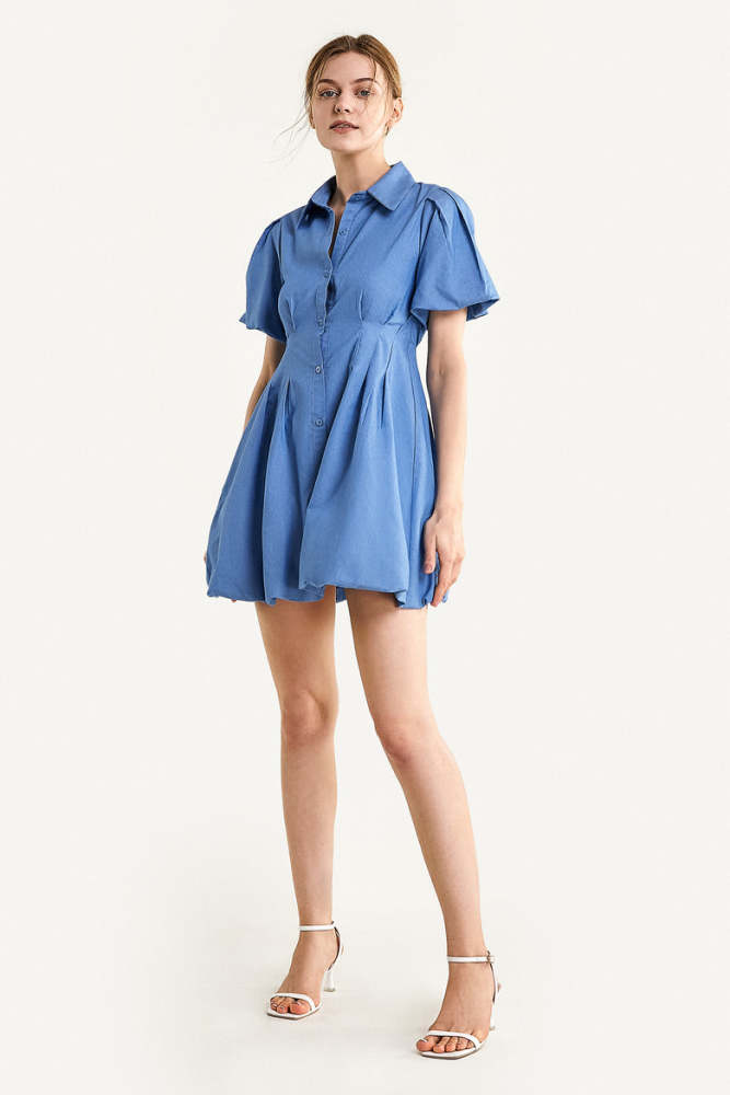 Royal Blue Puff Sleeve Pleat Front Fitted Waist Shirt Dress