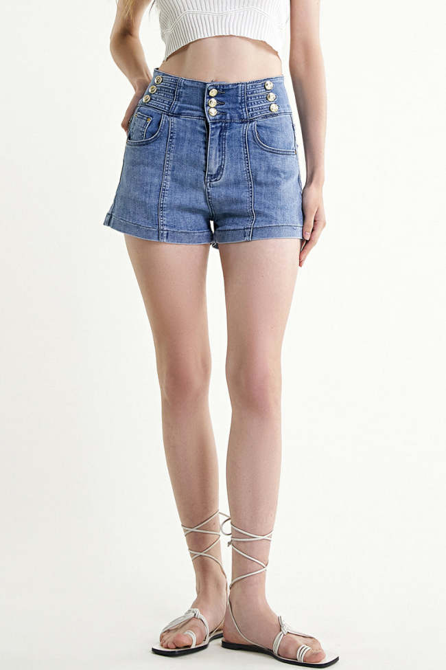Light Blue High-Waisted Buttoned Tab Detail Denim Shorts