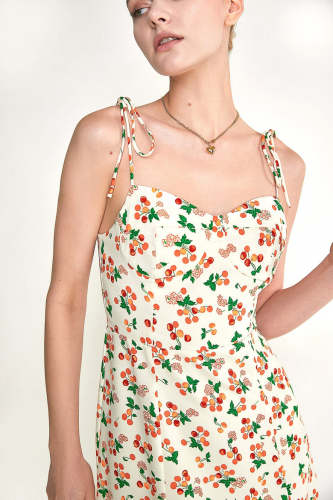 Old Lace Cherry Print Tie Strap Side Slit Midi Dress