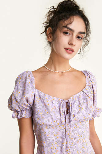 Plum Floral Print Tie Bust Puff Sleeve Mini Dress