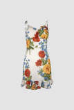 Ivory Floral Print Tie Strap Ruffled Hem Mini Dress