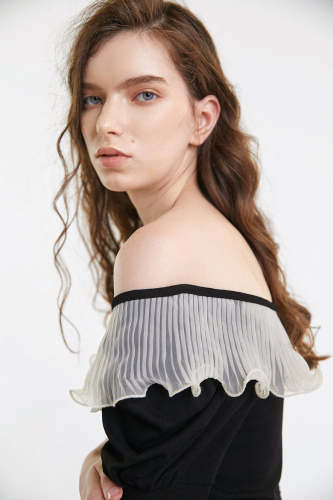 Black Sheer Pleated Collar Blouse