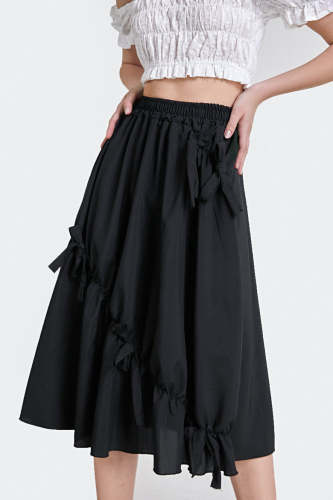 Black Elastic Waist Bowknot Decor Midi Skirt