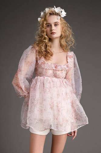 Pink Puff Sleeve Floral Print Organza Babydoll Mini Dress