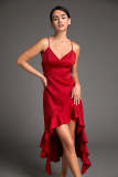Crimson Satin Ruffled High-Low Maxi Dress