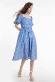 Light Sky Blue Floral Print Puff Sleeve Ruched Midi Dress