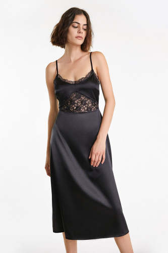 Black Satin Lace Detail Midi Dress