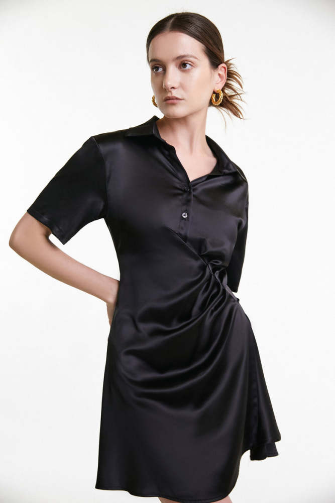 Black Ruched Short Sleeve Shirt Dress