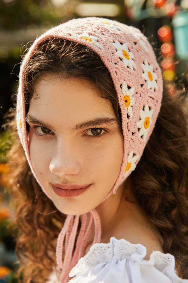 Pink Daisy Granny Square Crochet Head Scarf